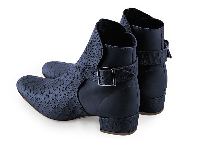 Navy blue women's ankle boots with buckles at the back. Round toe. Low block heels. Rear view - Florence KOOIJMAN